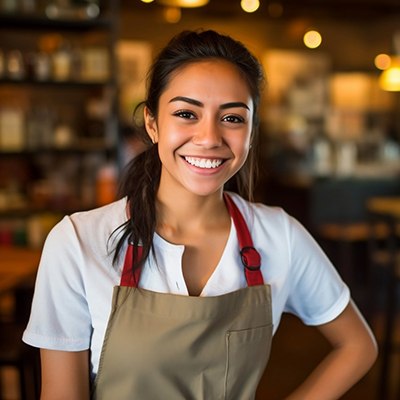 Smiling woman wearing apron in coffee shop